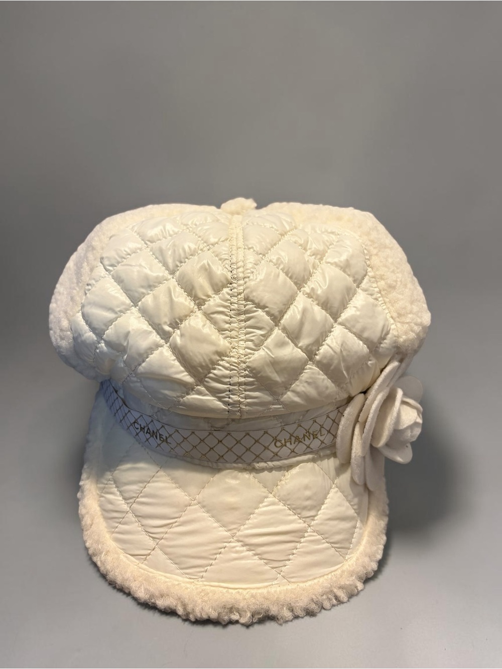 White Quilted Sherpa Camellia Winter Hat